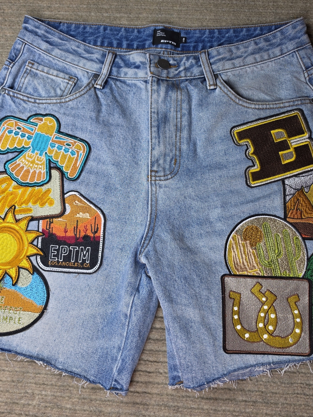 EPTM Patchwork Denim Shorts Mens L 34 Patchwork LA, Desert, Cactus Light Wash
